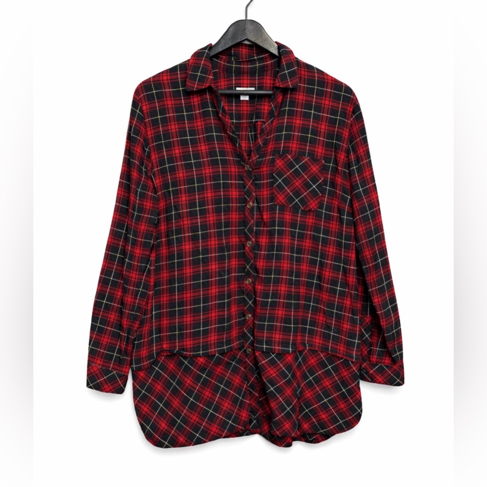 J. Jill Red Black Plaid Button Down Tunic Shirt Long Sleeve Size L